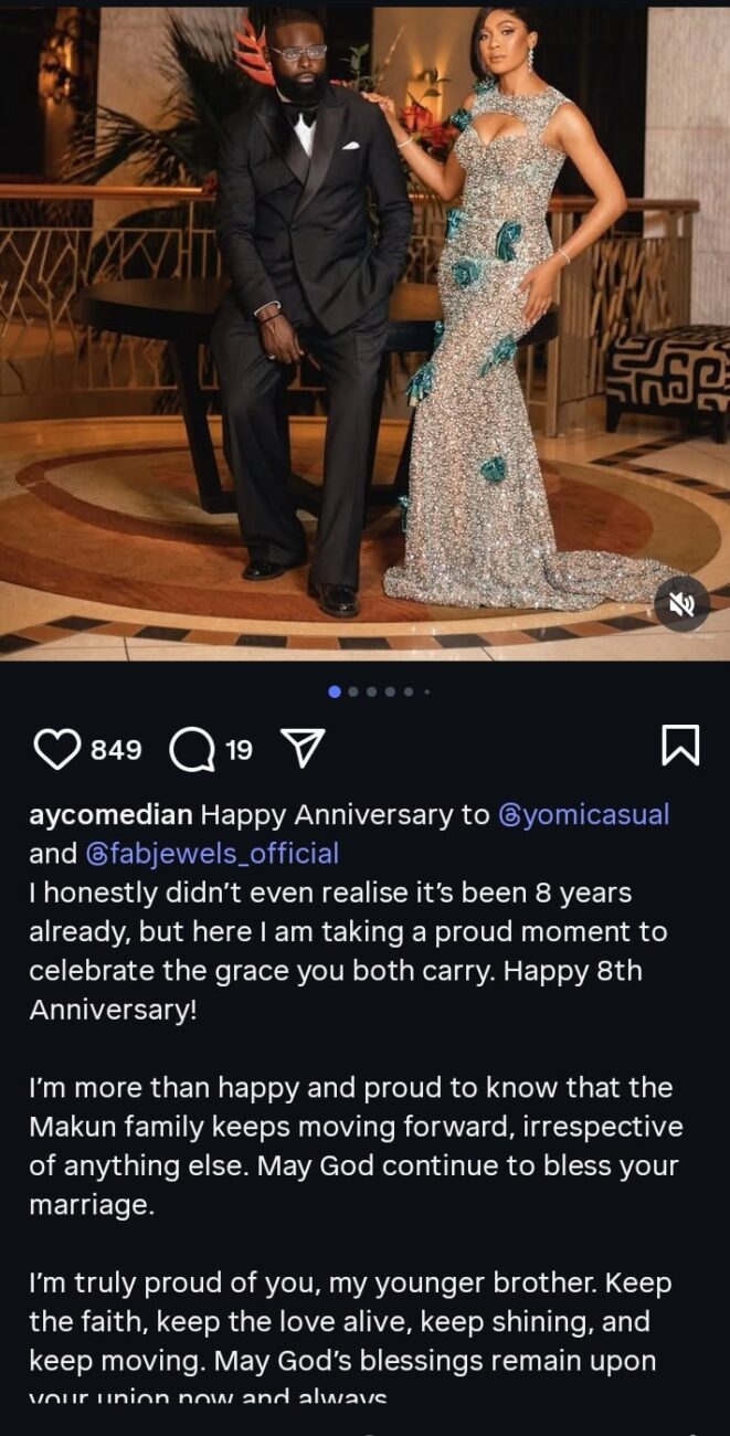Ayo Makun celebrates Yomi Casual and wife on their 8th anniversary