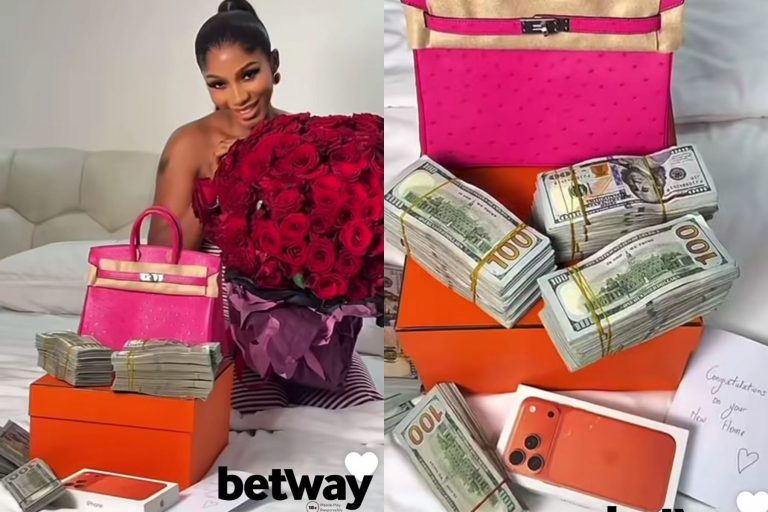 Mercy Eke flaunts bundles of cash, Hermes bag, iPhone 17 and more from her man on her birthday (Video)