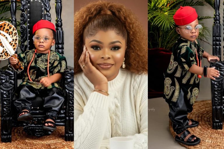 “Mazi Odogwu fire” – Dayo Amusa shares adorable photos of son in Igbo attire ahead of his first birthday