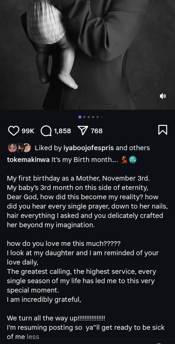 Toke Makinwa to celebrate first birthday as a mum