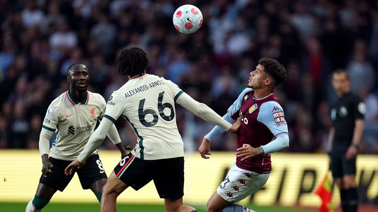 Aston Villa&#39;s Philippe Coutinho tries to get past Liverpool&#39;s Trent Alexander-Arnold during the Premier League match at Villa Park, Birmingham. 