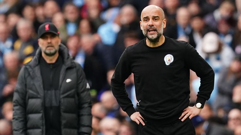 Manchester City manager Pep Guardiola and Liverpool manager Jurgen Klopp on the touchline at the Etihad