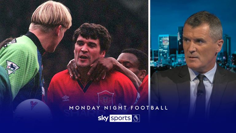 Roy Keane of Manchester United is restrained by Paul Parker and Gary Neville as he argues with goalkeeper Peter Schmeichel following the awarding of a penalty to Leeds.