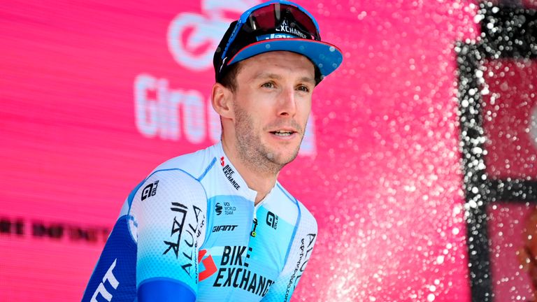 Simon Yates celebrates his stage win at the Giro on Saturday