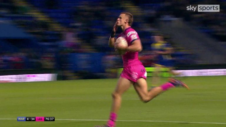 Ash Handley intercepts deep within his own half and runs the full length of the pitch for the try to cap off a dominant Leeds Rhinos