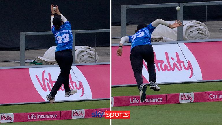 Fynn Hudson-Prentice styles out a wonder-catch as he jumps over the boundary to deny Tom Prest a six in the T20 Blast
