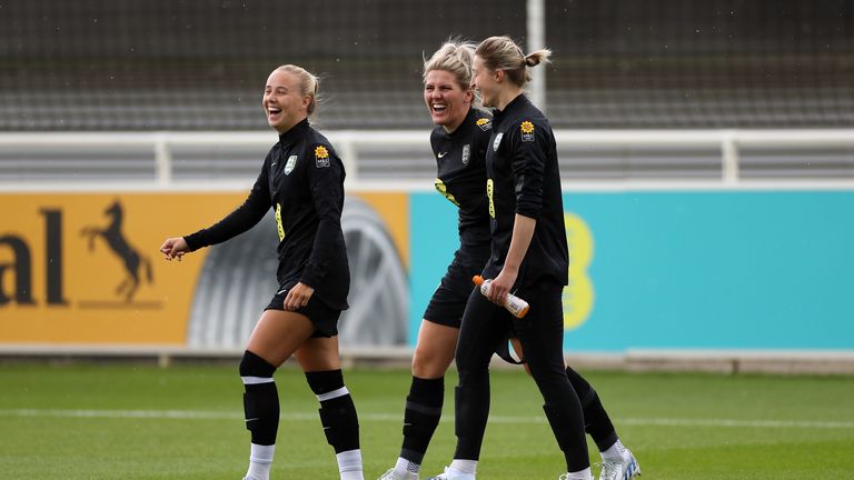 England&#39;s Millie Bright, Beth Mead and Ellen White during a training session at St George&#39;s Park.
