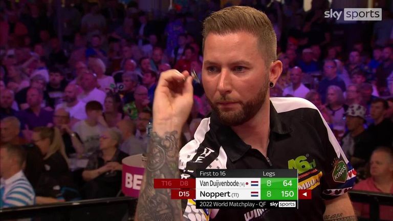 There's been very little to separate Danny Noppert and Dirk van Duijvenbode but Noppert is able to take a one-leg lead with this big 150 checkout.