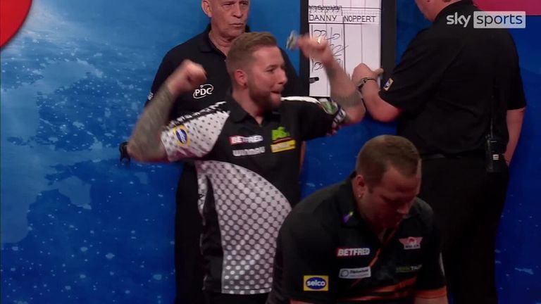 Danny Noppert ices his quater-final match with Dirk van Duijvenbode in style with this 121 checkout on the bullseye.