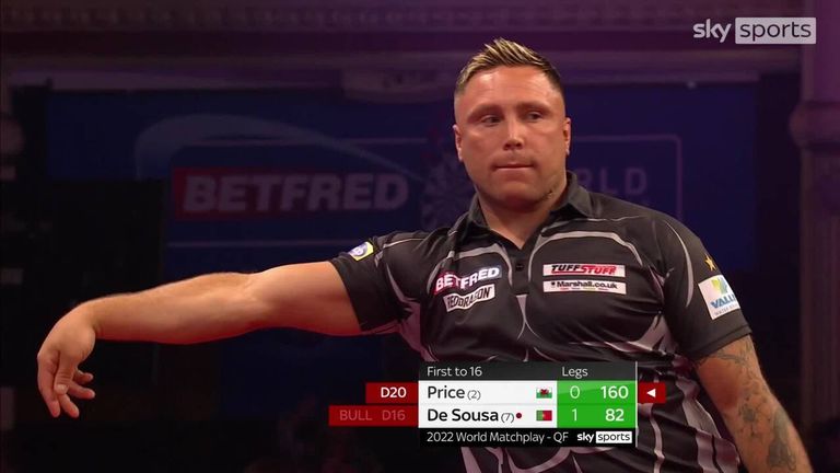 Gerwyn Price nails a superb 160 checkout early in his quarter-final with Jose De Sousa.