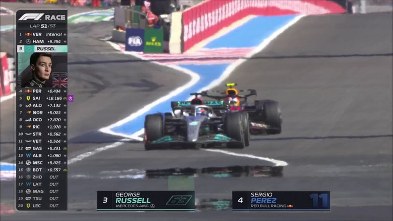 George Russell catches Sergio Perez sleeping at the restart and is up in to the podium places.