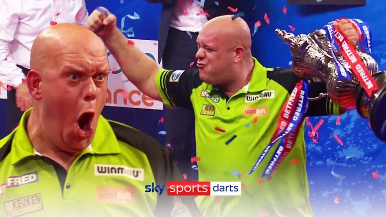 The Dutchman completed victory with this stunning 121 checkout which culminated in a bullseye finish