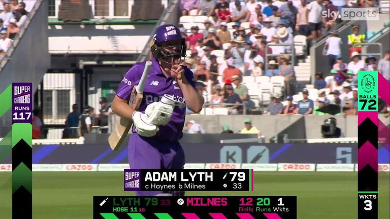 Lyth is finally caught out by the Oval Invincibles after recording 79 runs from 33 deliveries 
