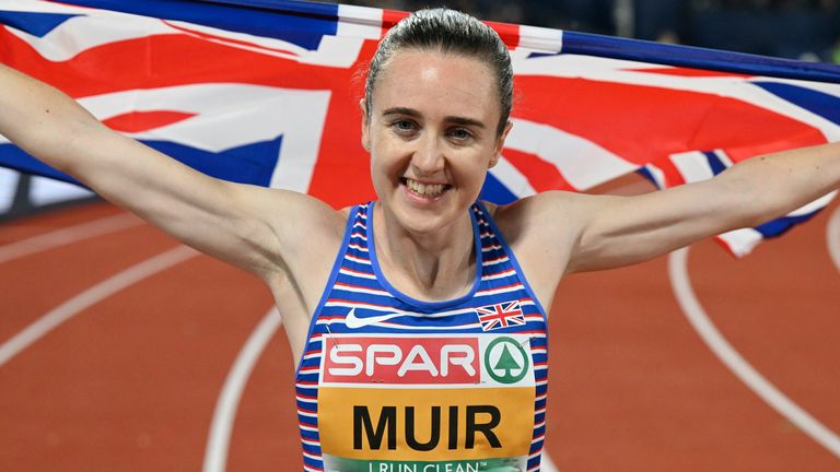 Laura Muir from Great Britain celebrates her gold medal in the 1500m
