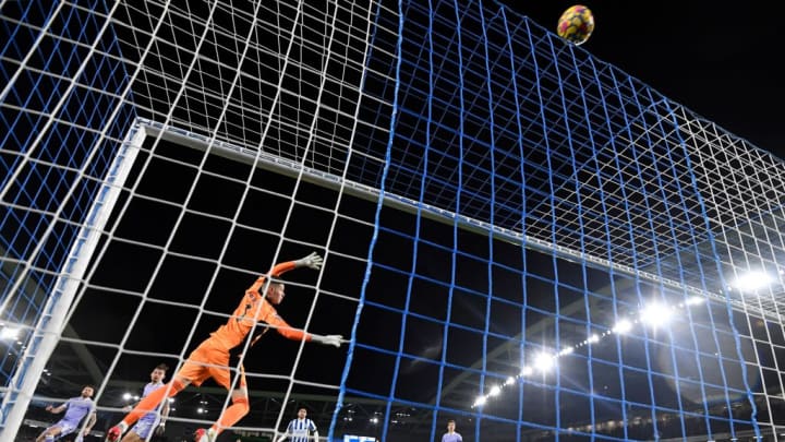 A Brighton shot goes over the bar in their 0-0 draw with Leeds United at the Amex