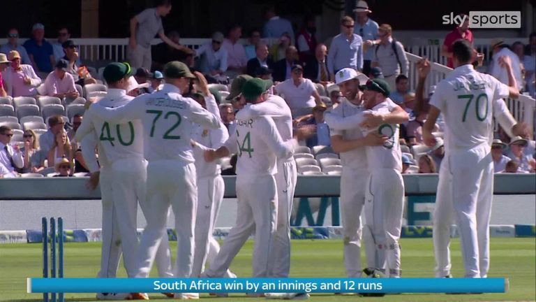 Watch the last wicket fall as South Africa beat England by an innings and 12 runs at Lord's
