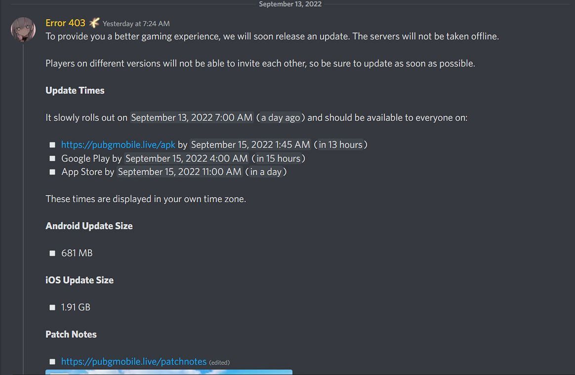 Size of the update (Image via Discord)