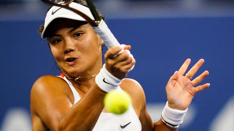 Emma Raducanu, of Britain, returns a shot to Alize Cornet, of France, during the first round of the US Open tennis championships, Tuesday, Aug. 30, 2022, in New York. (AP Photo/Frank Franklin II)