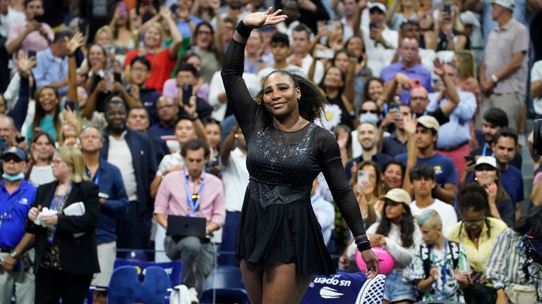 Serena Williams, of the United States, waves to fans after losing to Ajla Tomljanovic, of Austrailia, in the third round of the U.S. Open tennis championships, Friday, Sept. 2, 2022, in New York. (AP Photo/John Minchillo)