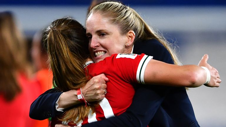 Wales manager Gemma Grainger celebrates after her side reached the World Cup play-offs