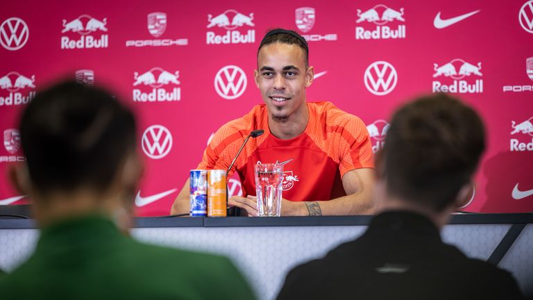 Yussuf Poulsen in a press conference for the international media at RB Leipzig&#39;s academy {Credit: DFL]