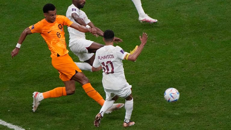 Gakpo has three goals at the World Cup in three games - his latest strike came from his right foot