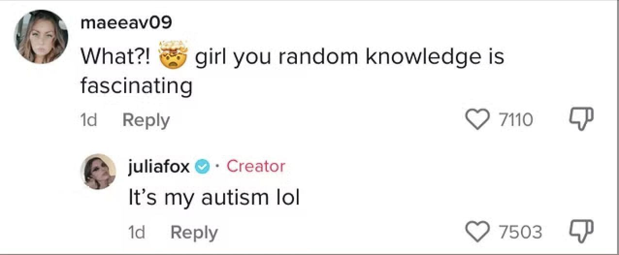 Julia Fox commented on her video back in November 2022 revealing that she has Autism. (Image via TikTok)