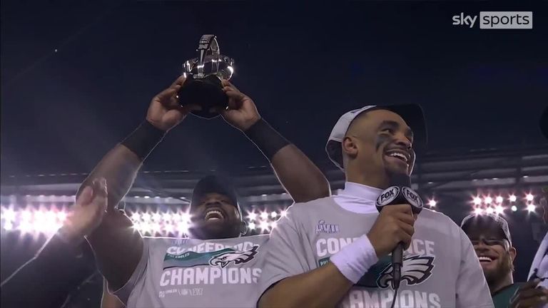 The Philadelphia Eagles are presented with the NFC Championship trophy after victory of the San Francisco 49ers.