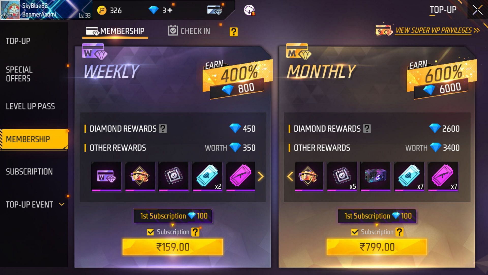 Memberships are an alternative available to you (Image via Garena)