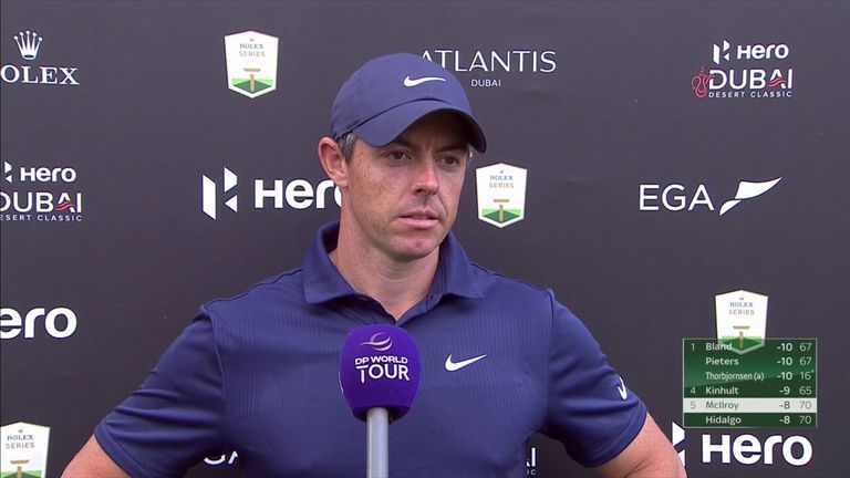 A disappointed Rory McIlroy reacts to his performance on day three of the Hero Dubai Desert Classic at the Majlis course at the Emirates Golf Club. 