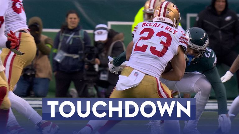 San Francisco 49ers' Christian McCaffrey makes a brilliant run through the Philadelphia Eagles defence to score the game-tying touchdown.