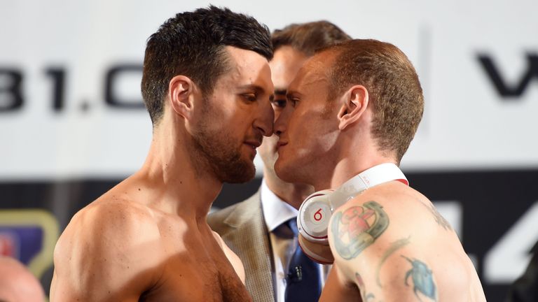 Carl Froch (left) and George Groves (right) during the official weigh in at Wembley Arena, London.