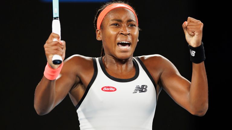 Coco GAUFF of the USA celebrates after defeating Emma RADUCANU of Great Britain in the Women&#39;s Singles match on day 3 of the 2023 Australian Open on Rod Laver Arena, in Melbourne, Australia. Sydney Low/Cal Sport Media. (Credit Image: .. Sydney Low/CSM via ZUMA Press Wire) (Cal Sport Media via AP Images)