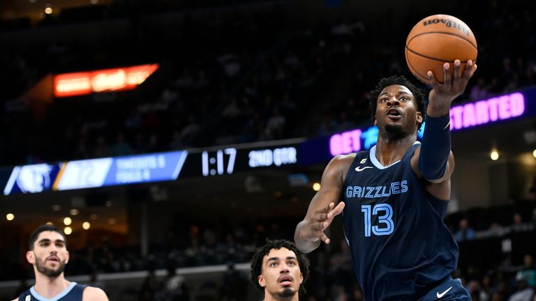 Memphis Grizzlies forward Jaren Jackson Jr. (13) shoots in front of San Antonio Spurs guard Tre Jones (33), Jan. 11, 2023, in Memphis, Tenn.