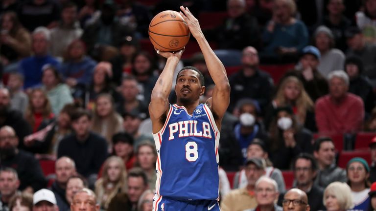 Philadelphia 76ers guard De&#39;Anthony Melton (8) takes a three point shot during the first half of an NBA basketball game against the Portland Trail Blazers.