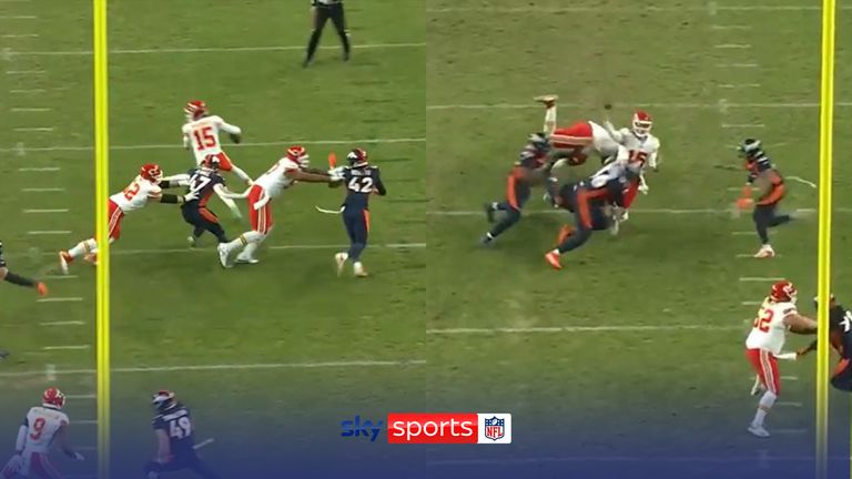 Mahomes ran a full circle before delivering a four-yard touchdown to JuJu Smith-Schuster while getting hit by three Broncos defenders