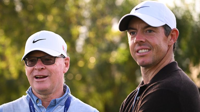 McIlroy (right) with DP World Tour chief executive Keith Pelley ahead of the Hero Dubai Desert Classic