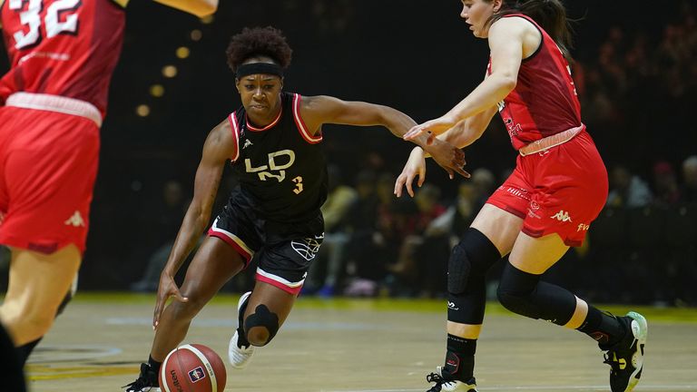 London Lions' Shanice Beckford-Norton drives to the basket