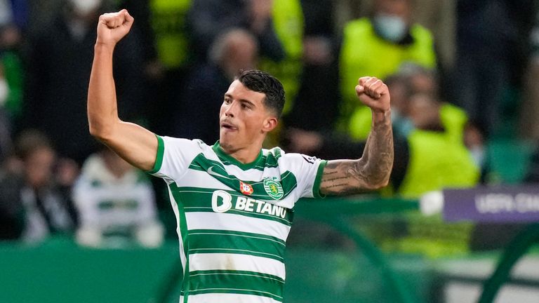 Sporting&#39;s Pedro Porro reacts after scoring his team...s third goal during a Champions League Group C soccer match between Sporting CP and Borussia Dortmund at the Alvalade stadium in Lisbon, Portugal, Wednesday, Nov. 24, 2021. (AP Photo/Armando Franca)