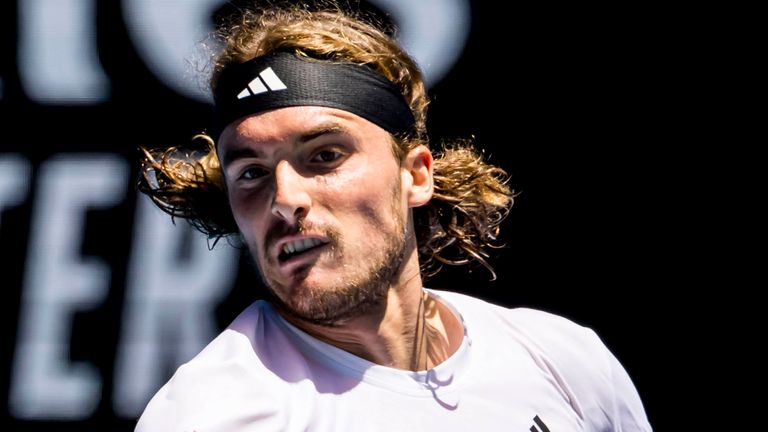 MELBOURNE, VIC - JANUARY 20: Stefanos Tsitsipas of Greece in action during Round 3 of the 2023 Australian Open on January 20 2023, at Melbourne Park in Melbourne, Australia. (Photo by Jason Heidrich/Icon Sportswire) (Icon Sportswire via AP Images)