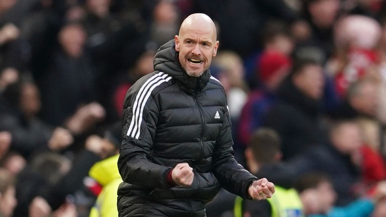 Manchester United&#39;s head coach Erik ten Hag celebrates after his team&#39;s second goal against Man City