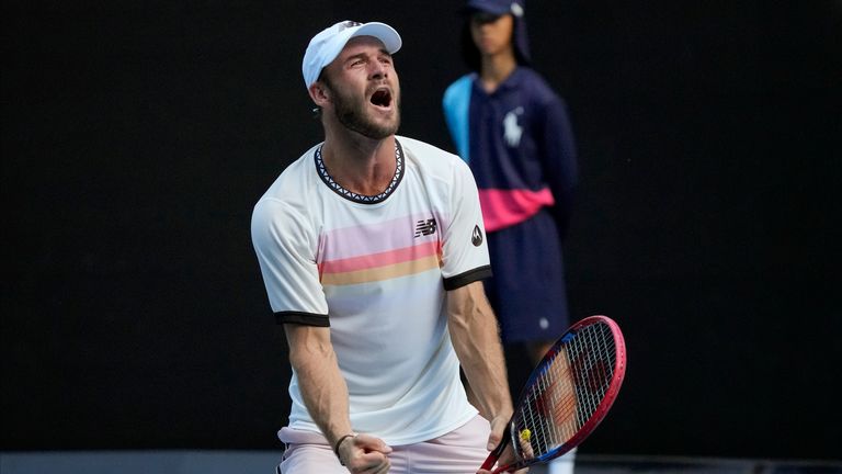 Tommy Paul of the U.S. celebrates after defeating compatriot Ben Shelton in their quarterfinal match at the Australian Open tennis championship in Melbourne, Australia, Wednesday, Jan. 25, 2023. (AP Photo/Dita Alangkara)