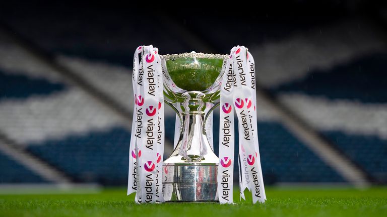 GLASGOW, SCOTLAND - NOVEMBER 01: The Viaplay Cup is pictured at Hampden Park, on November 01, 2022, in Glasgow, Scotland. (Photo by Ross MacDonald / SNS Group)