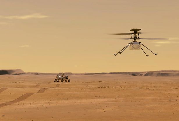 An illustration depicting Mars Helicopter Ingenuity during a test flight on Mars. - Ingenuity was taken to the Red Planet strapped to the belly of the Perseverance rover