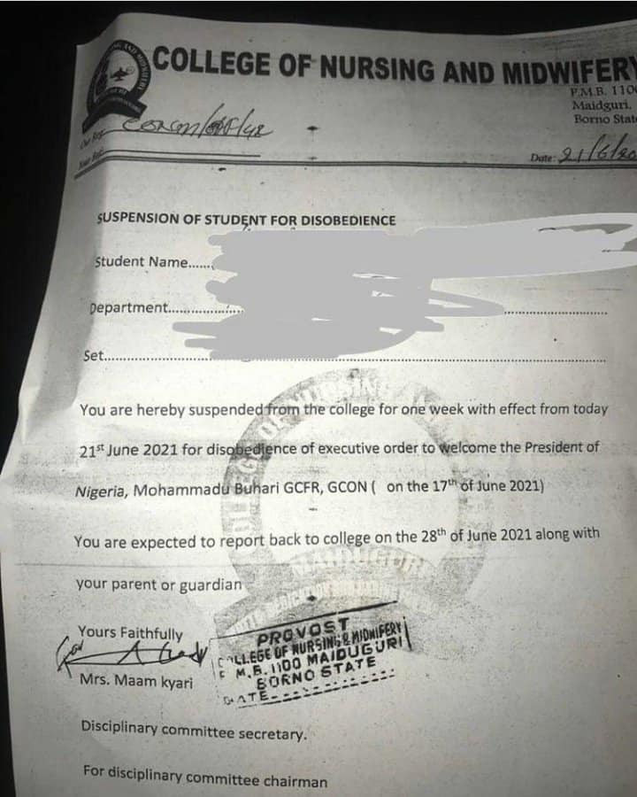 Student allegedly suspended for not welcoming President Buhari during his visit to Borno