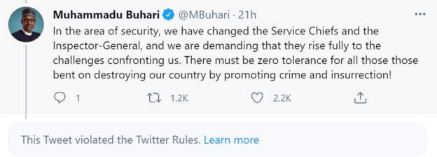 Buhari's civil war tweet that was deleted by Twitter