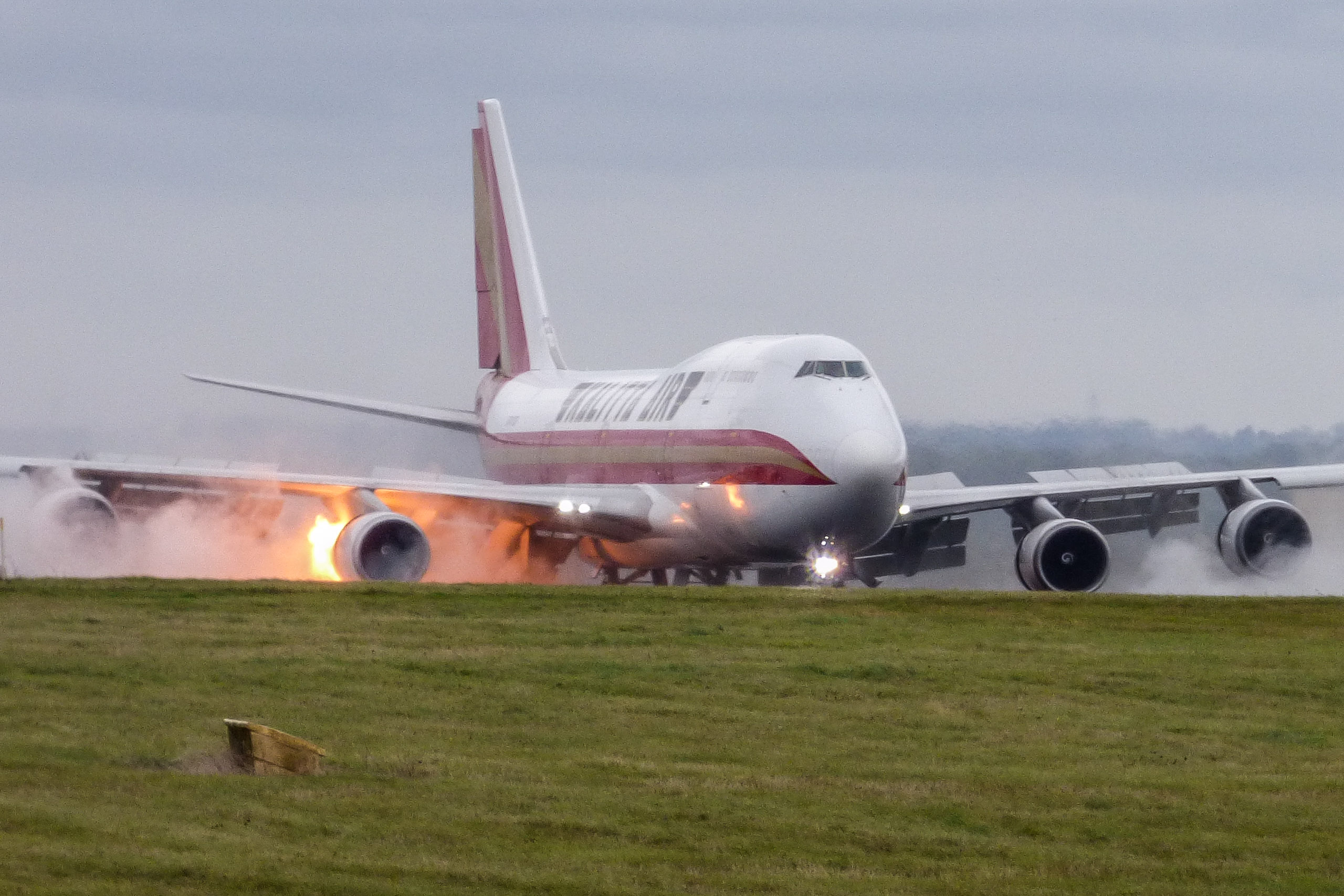 The Boeing 747 cargo carrier burst into flames as it touched down on the tarmac at East Midlands Airport