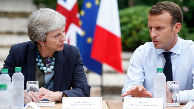 Theresa May meeting Emmanuel Macron in southern France in August 2018