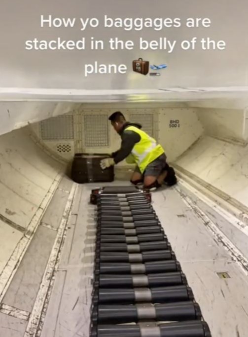 A baggage handler has filmed himself stacking bags in the belly of the aircraft
