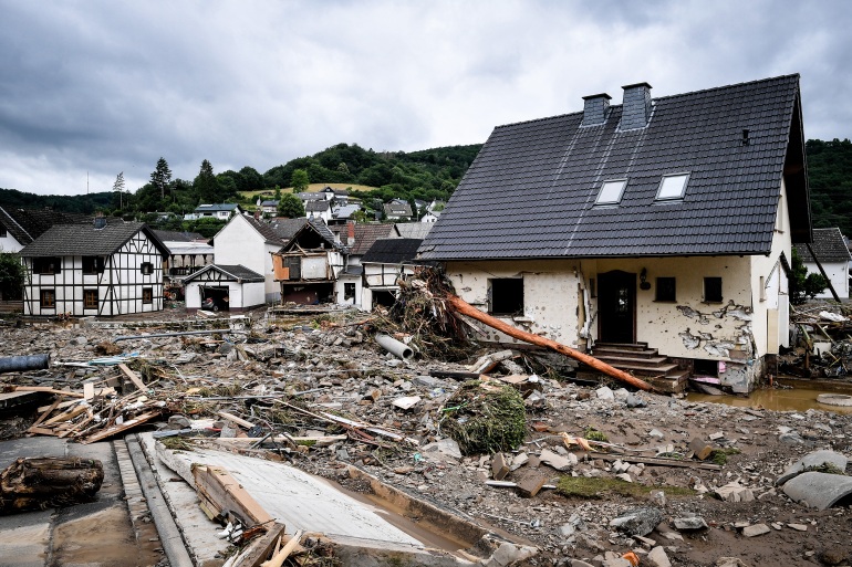 The village of Schuld in the district of Ahrweiler is destroyed after heavy flooding of the Ahr River, in Schuld, Germany [Sascha Steinbach/EPA]
